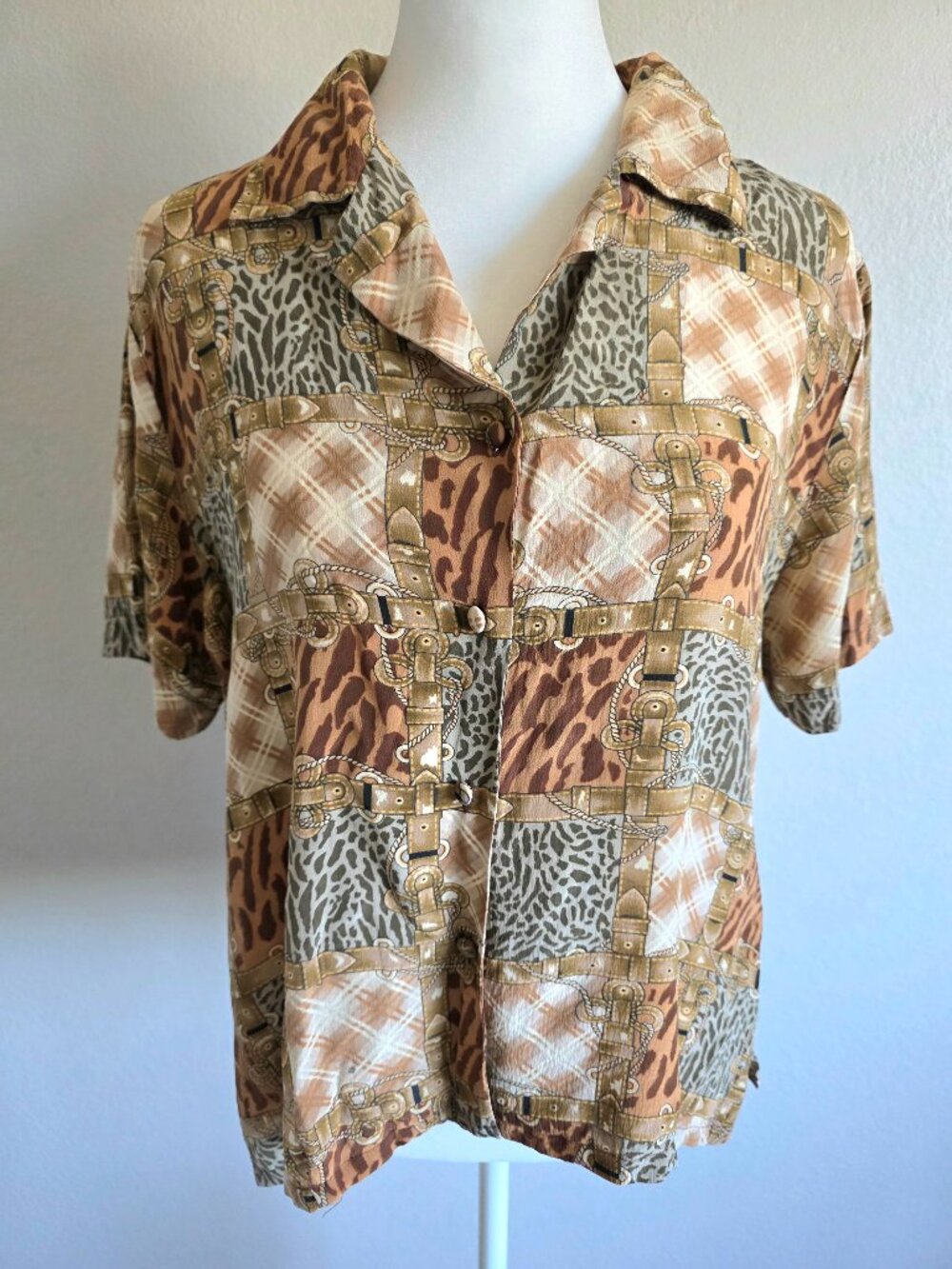 Vintage Jessica Lauren Silk Blouse Button Animal Print Horse Bridle Petite S